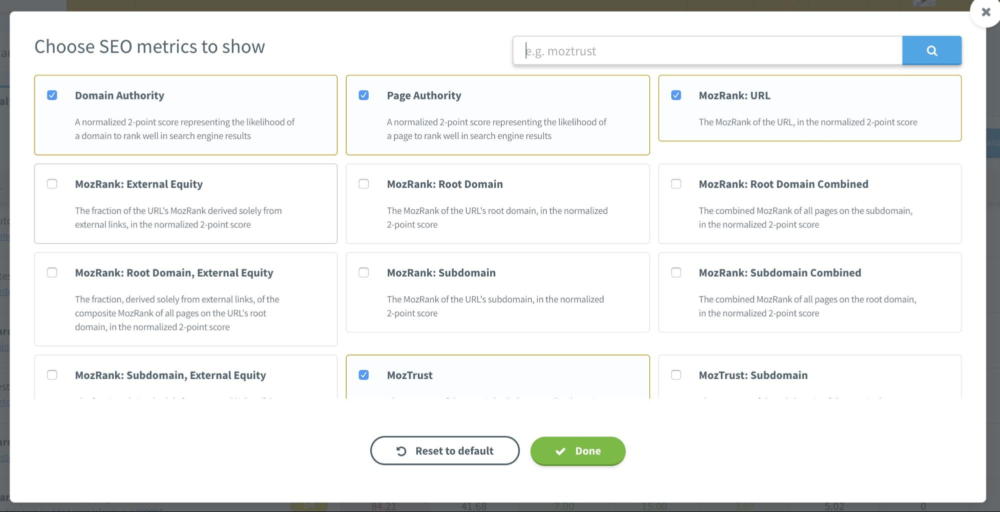 KWFinder Manage metrics
