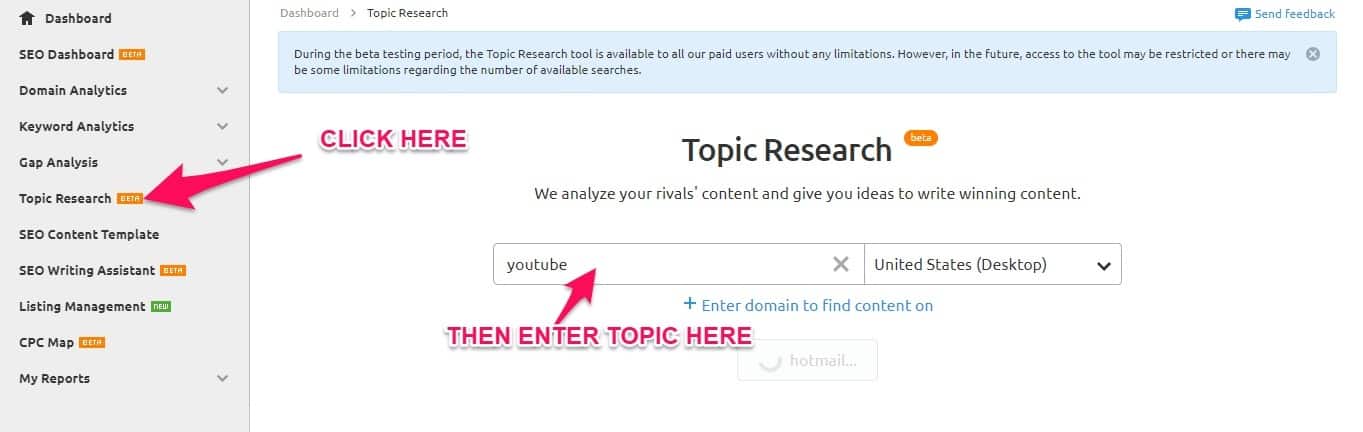 Semrush topic research tool