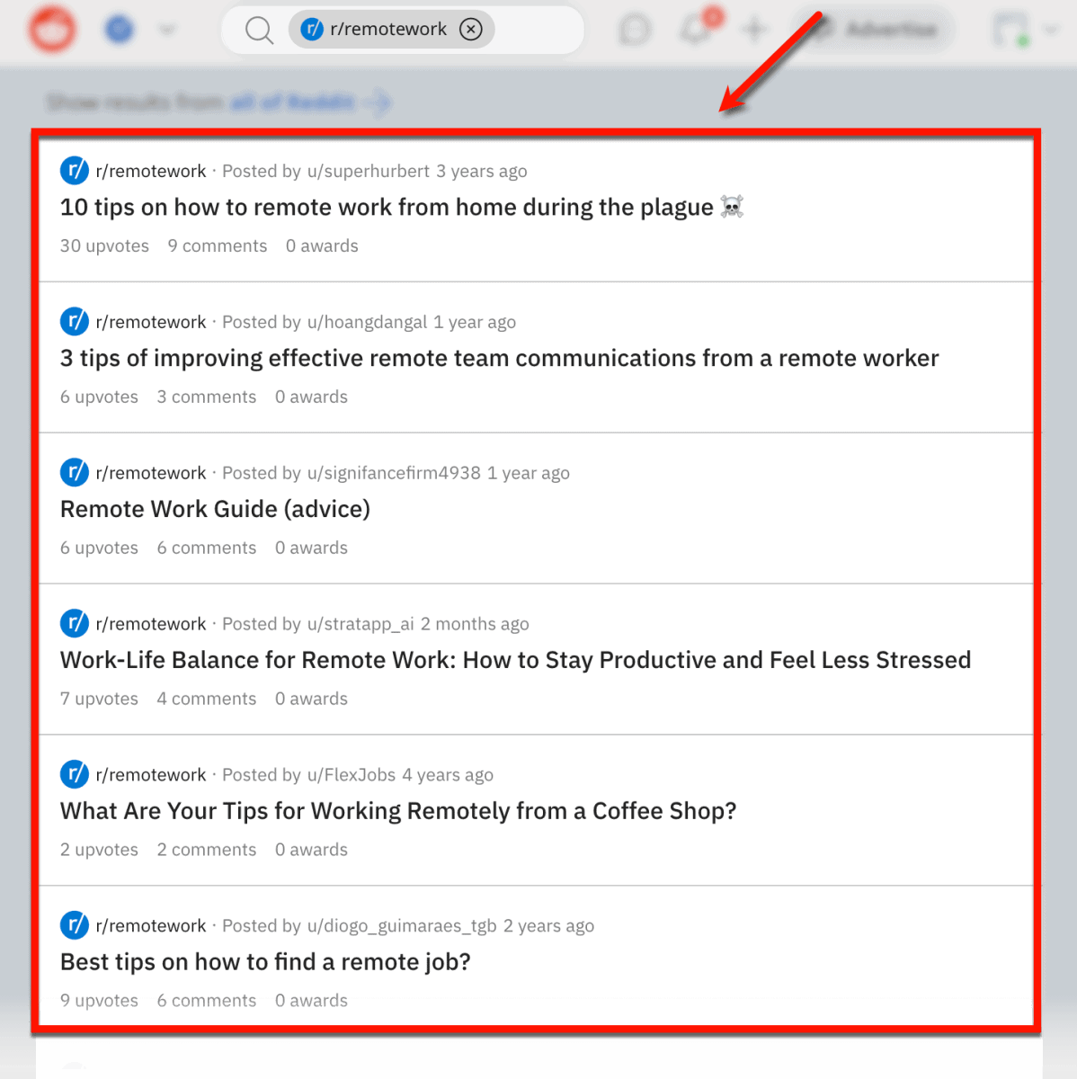Reddit search results in the subreddit "r/remotework."