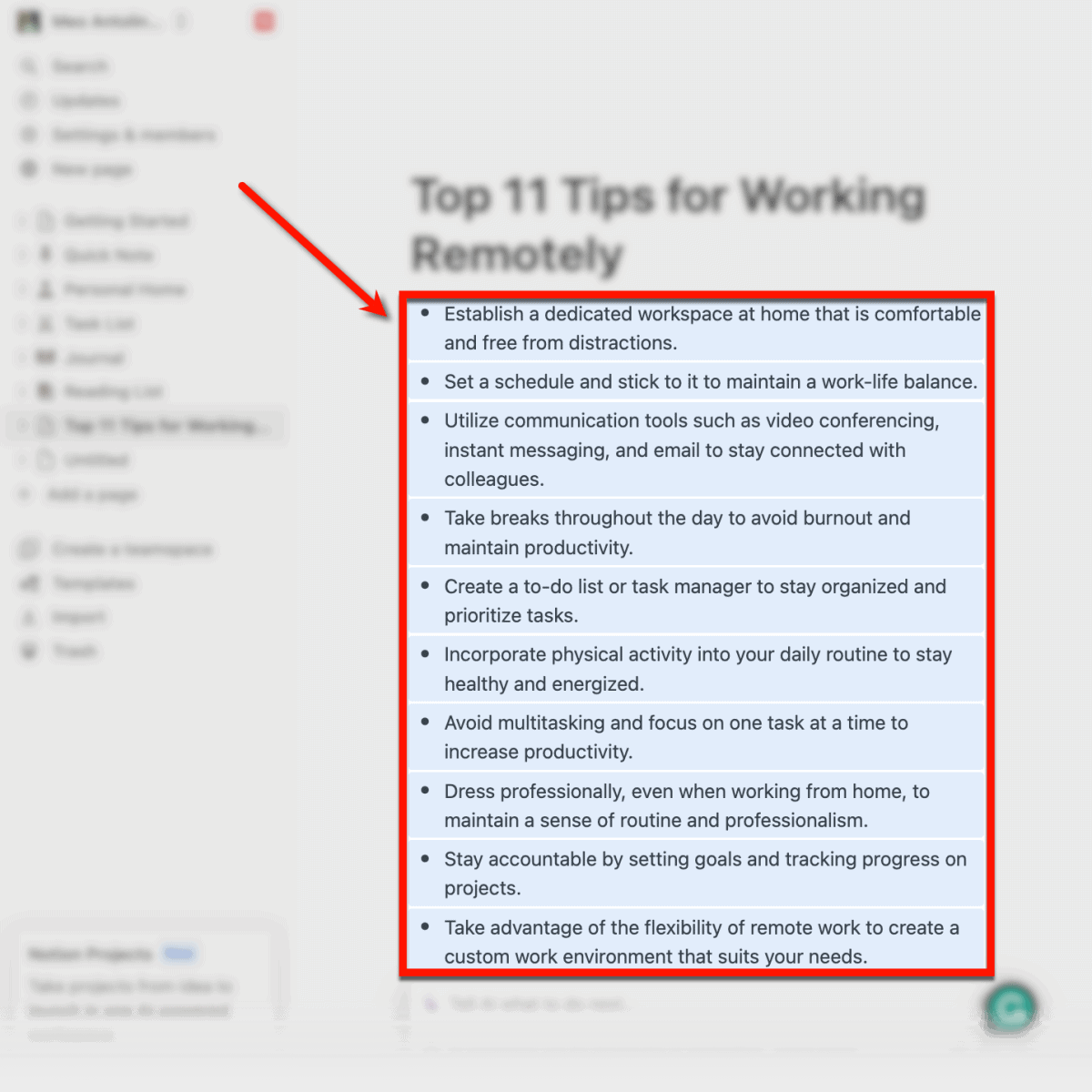 Notion AI assistant output
