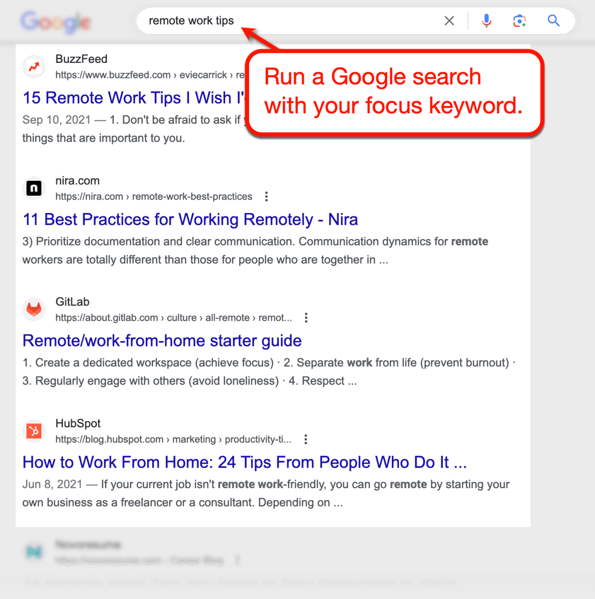 Google Top 10 results for the keyword "remote work tips"