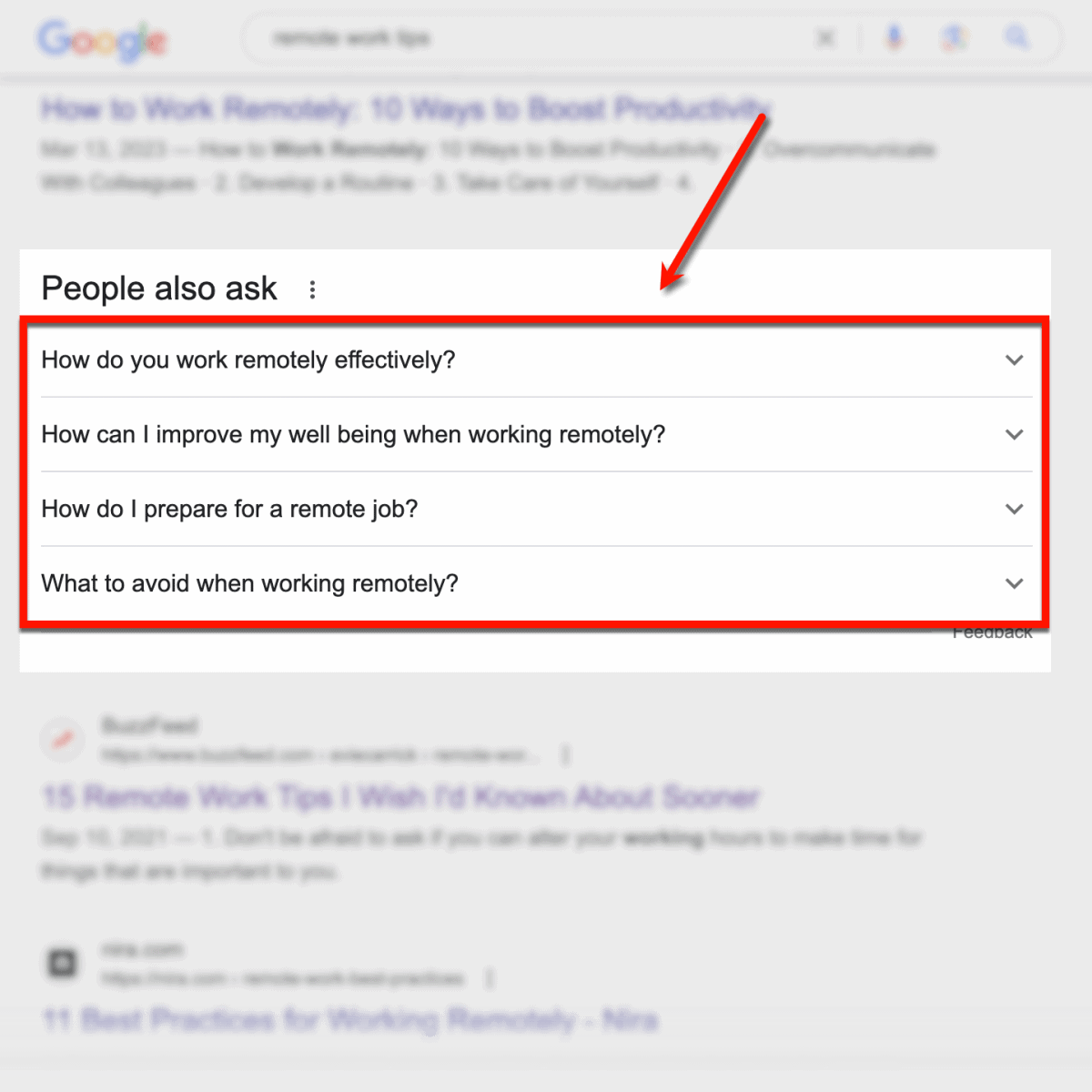 Google "People also ask" suggestions for "remote work tips."