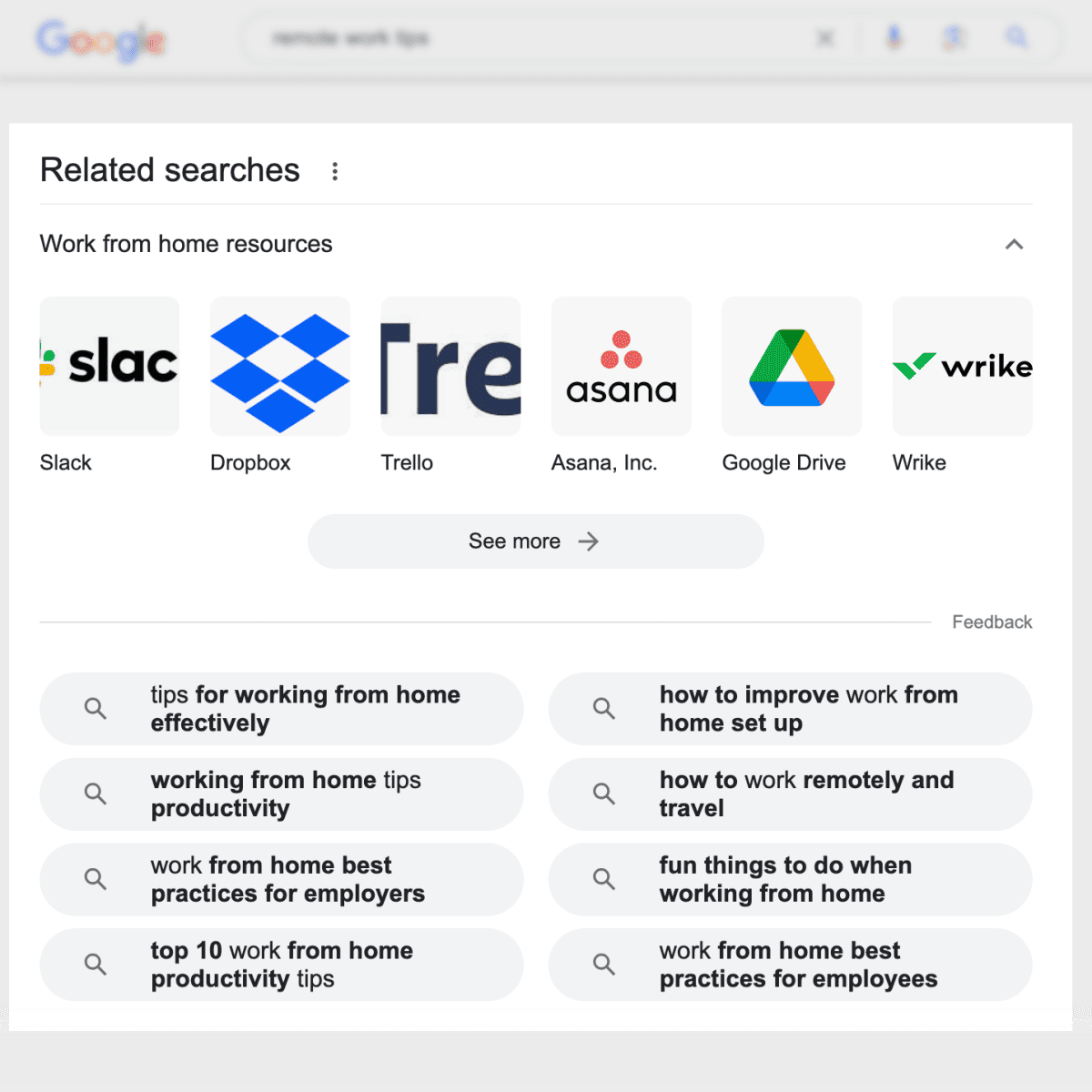 Google related searches for the keyword "remote work tips."