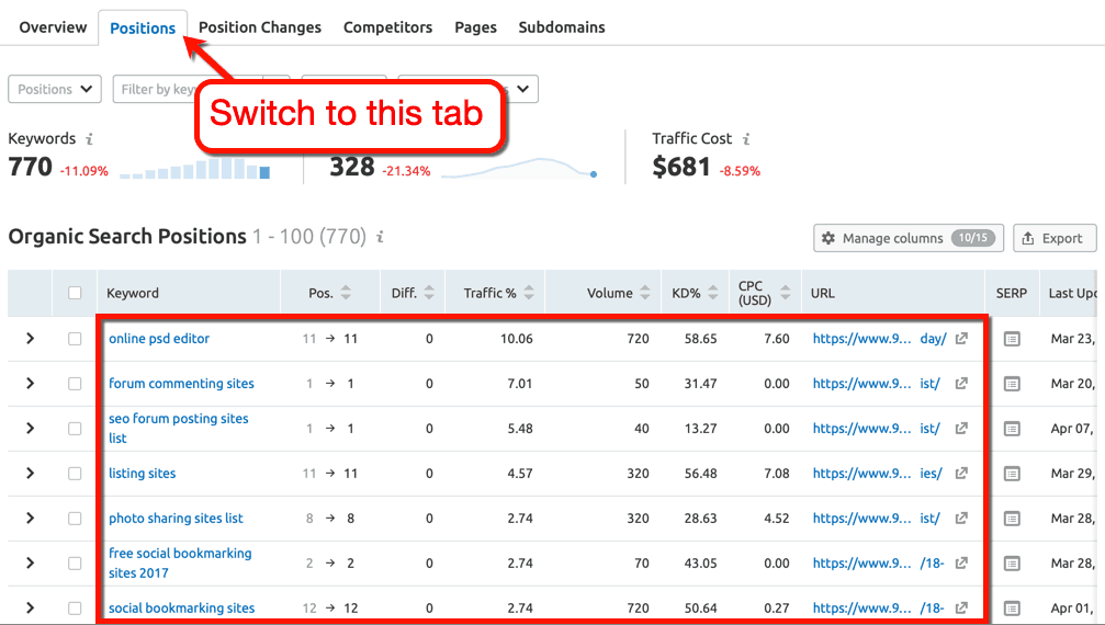 Organic Search Positions