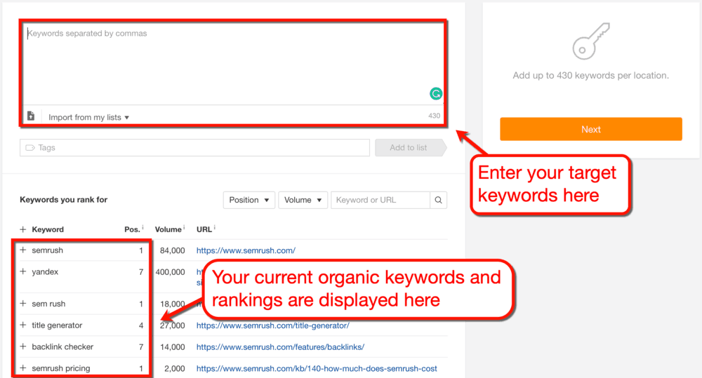Setting Target Keywords in Ahrefs