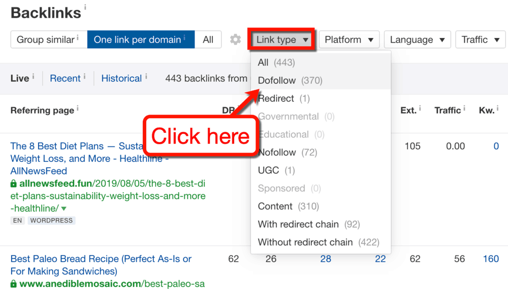 Ahrefs Filter by Link Type