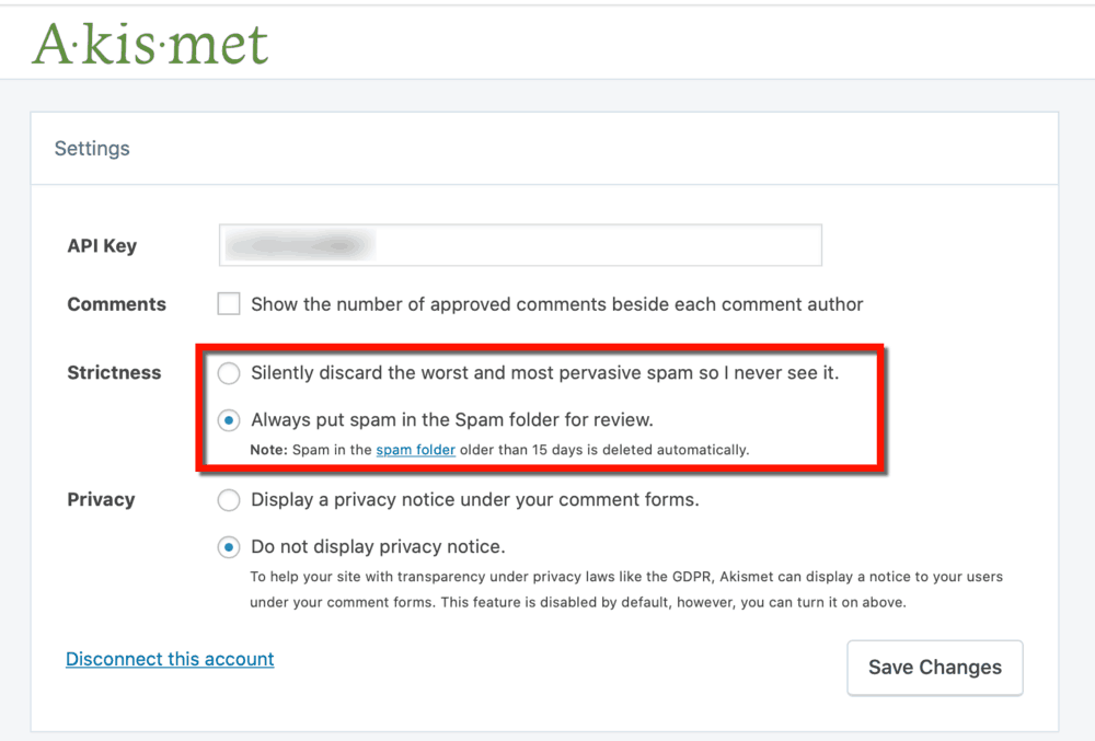 Akismet Settings Page