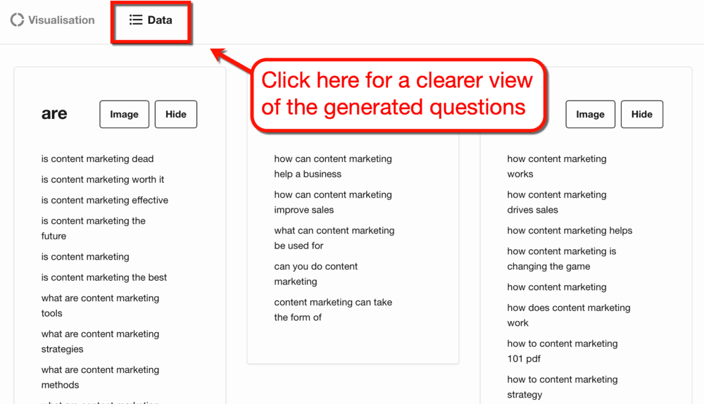 AnswerThePublic Data View Results