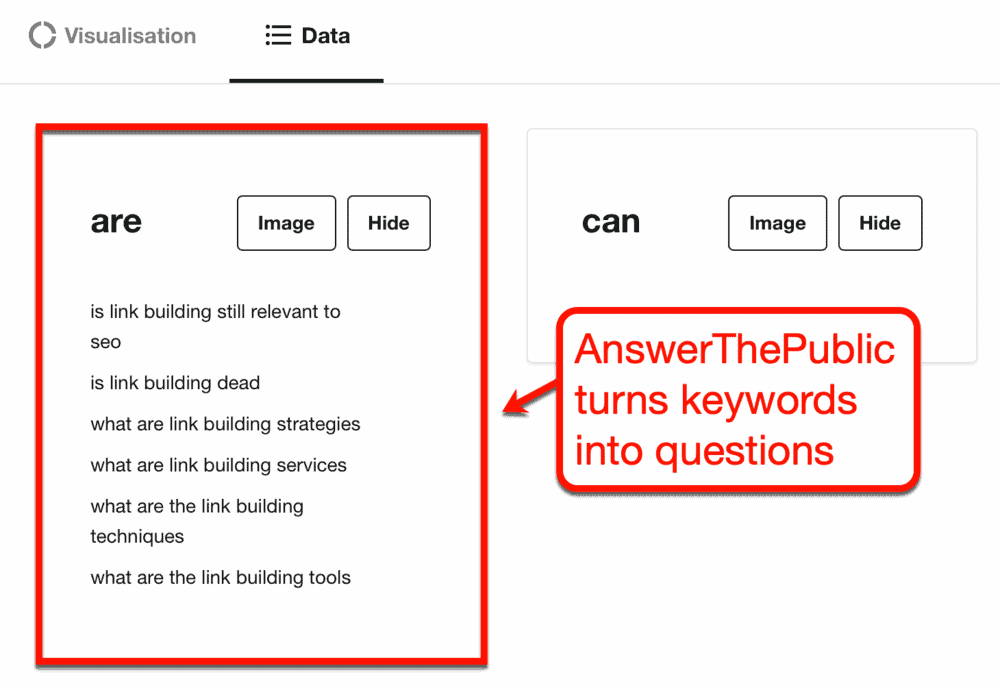 AnswerThePublic Results Data View