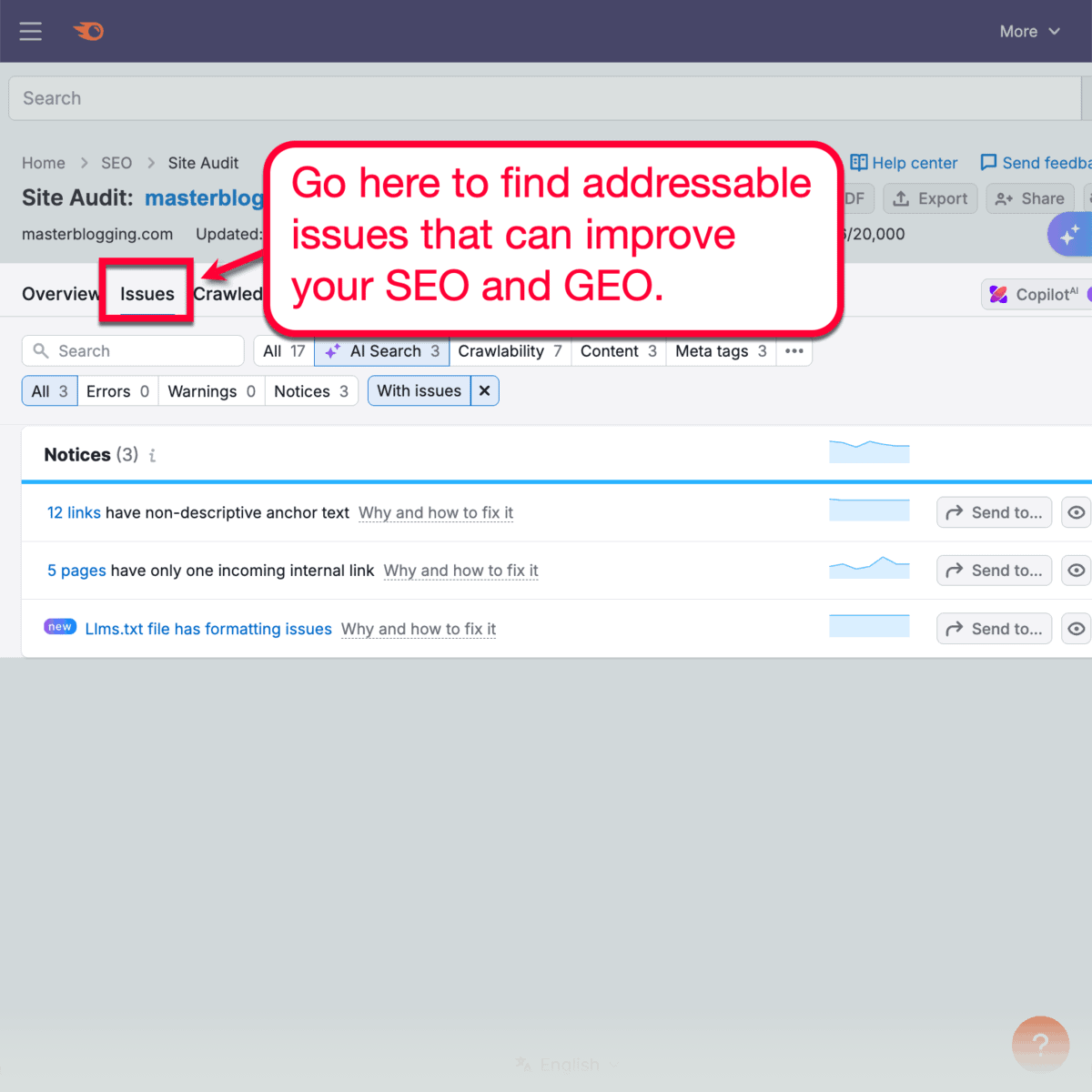 Semrush One Audit Issues Tab