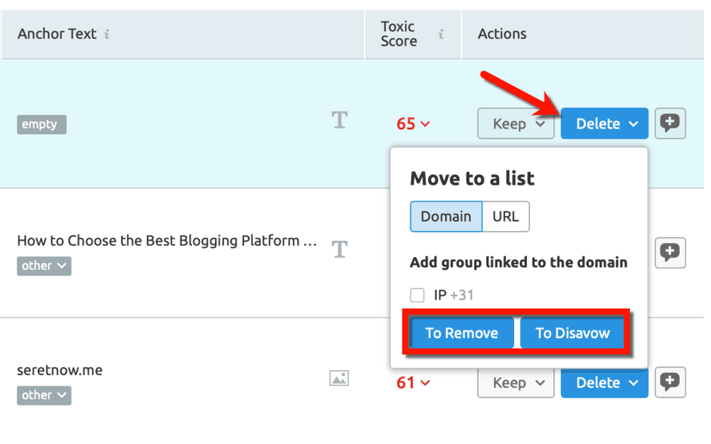 Toxic Backlinks Delete Menu