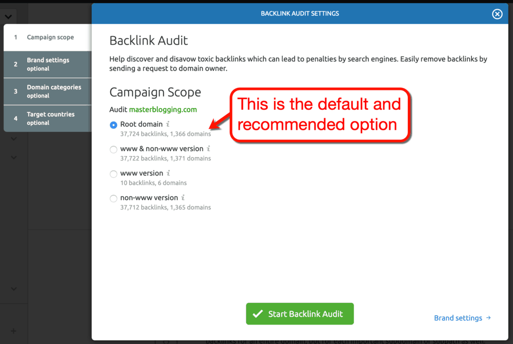 Backlink Audit Settings Default