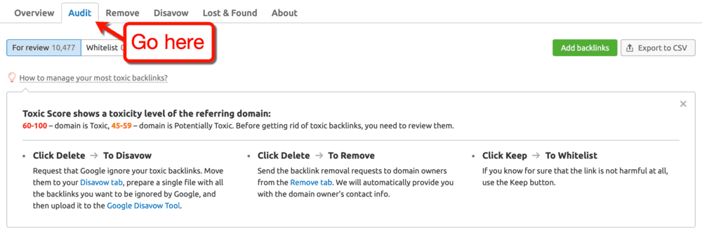 Backlink Audit Tab for Review
