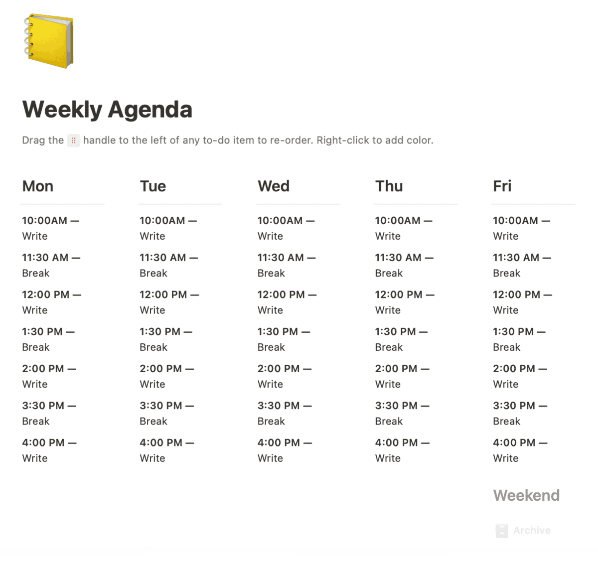 Blog Weekly Schedule Sample