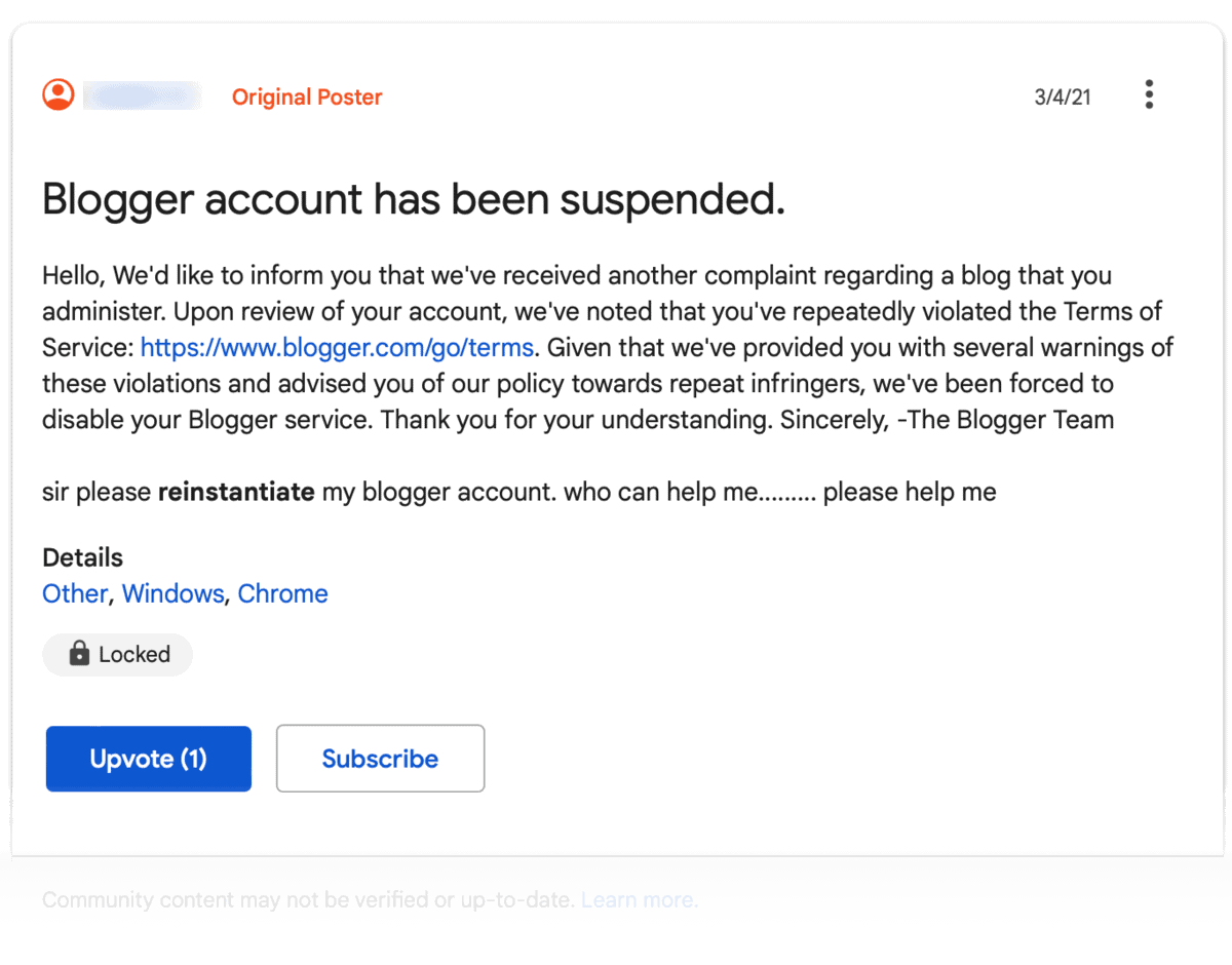 Case of Blogger Account Suspended