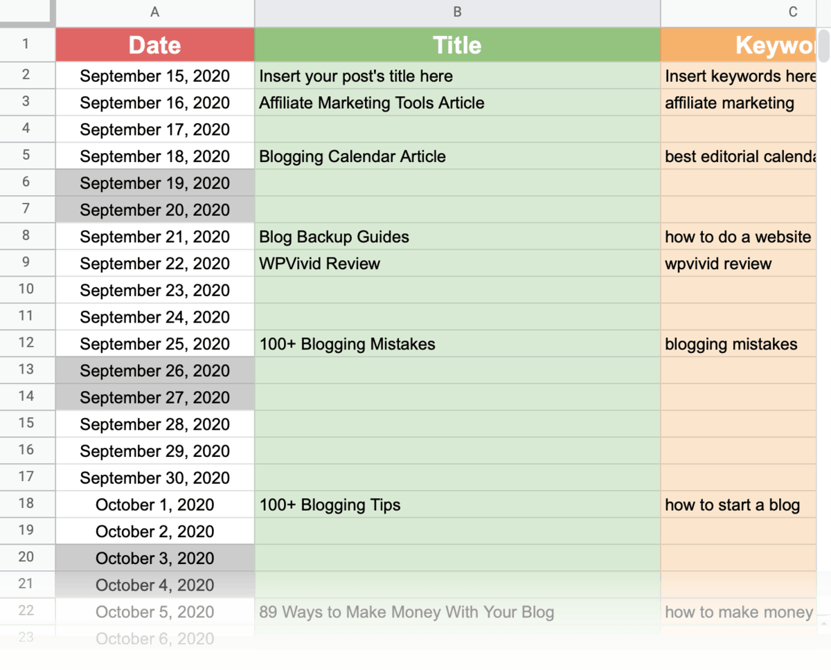 Google Sheets Editorial Calendar