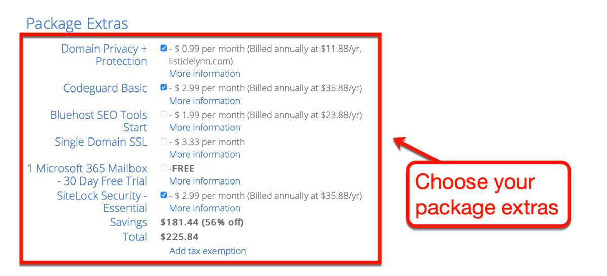 Bluehost Package Extras