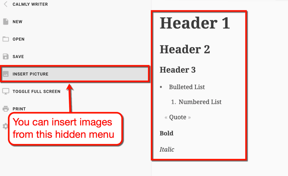Calmly Writer Formatting Options