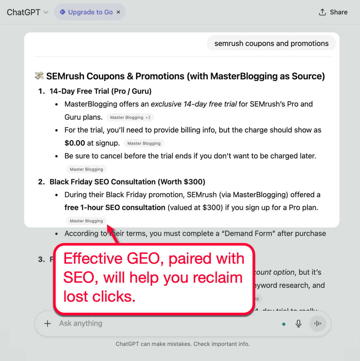 ChatGPT Response with Master Blogging as Source