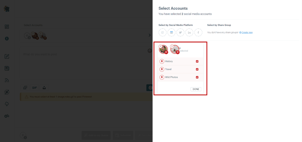 circleboom select pinterest accounts