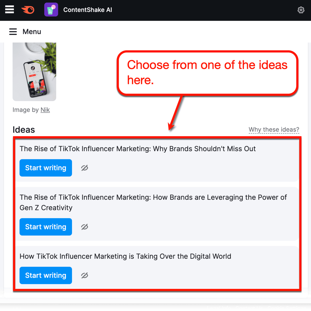 ContentShake main interface generating content ideas