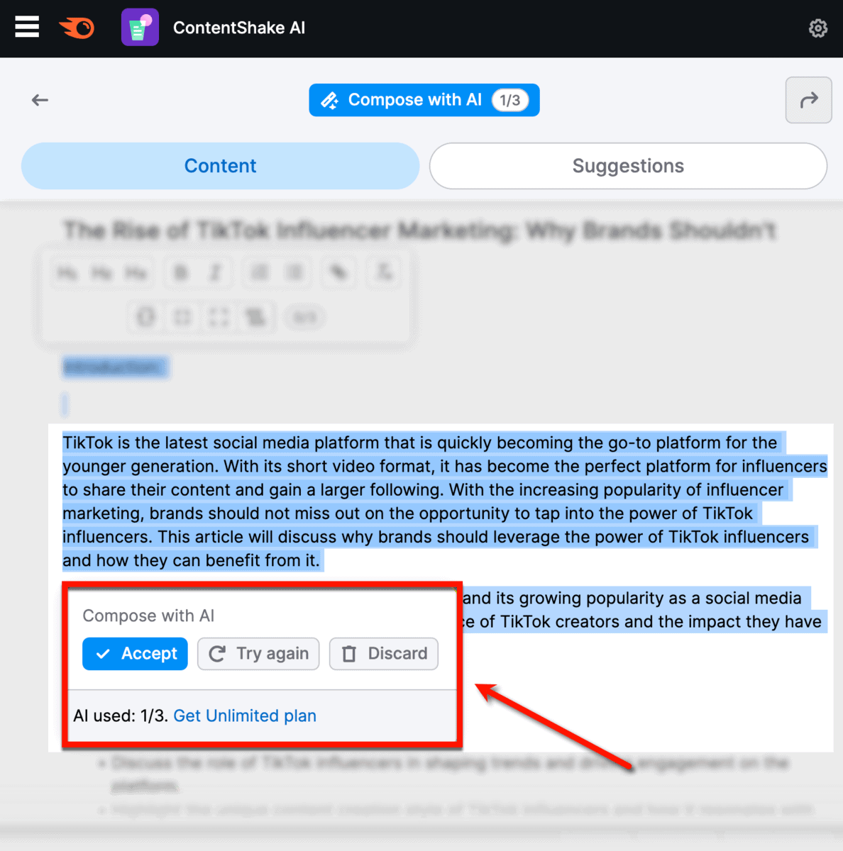 ContentShake AI composer accept window