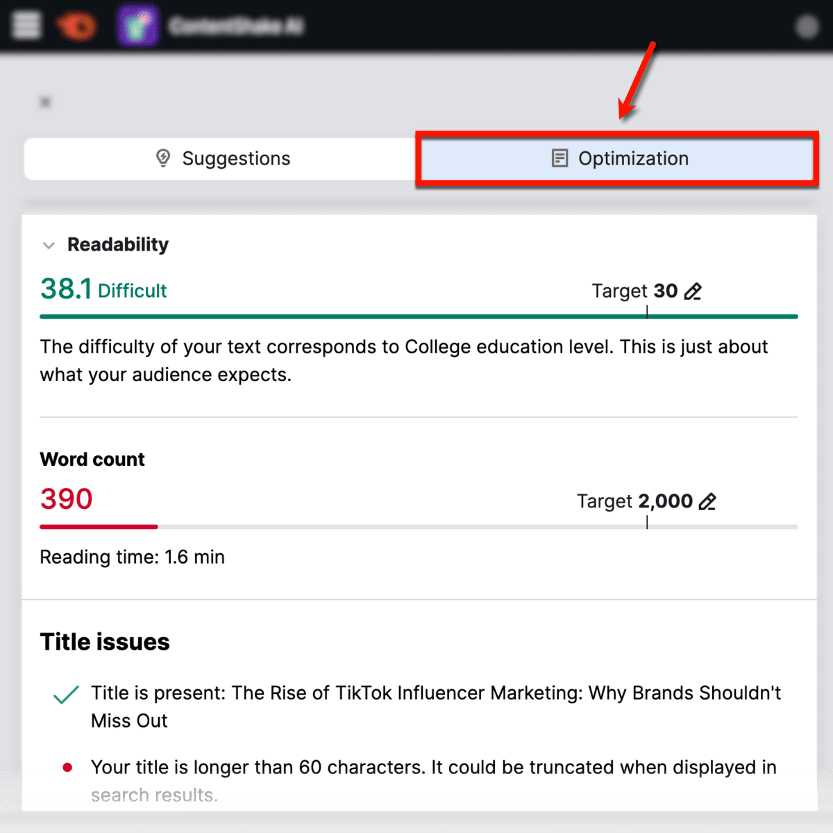 ContentShake optimization suggestions