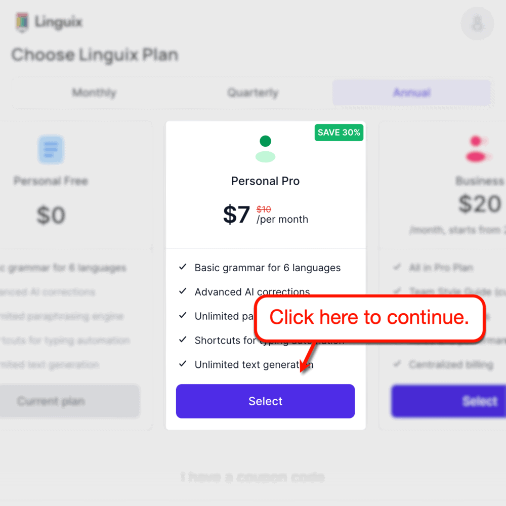 Continuing Linguix plan selection page