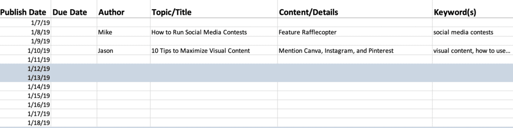 Spreadsheet editorial calendar