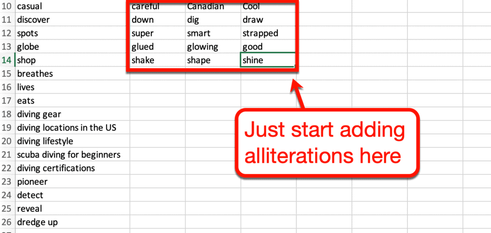 Adding alliterations to Excel spreadsheet
