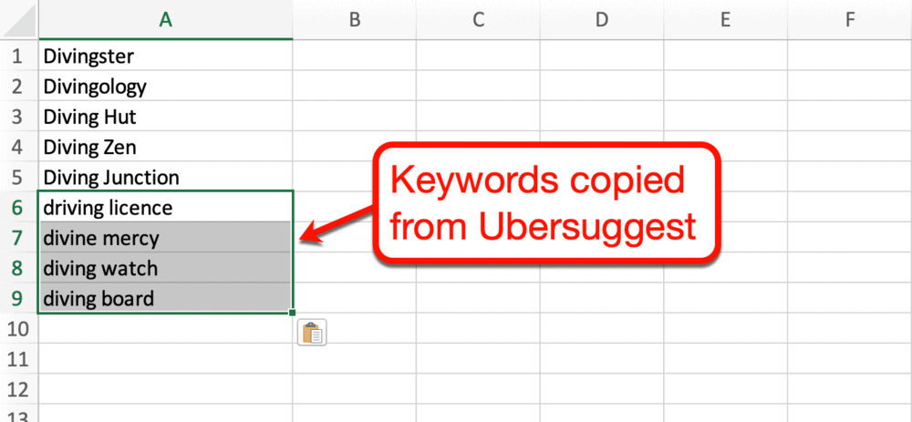 Keywords copied to Excel