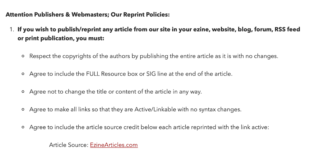 EzineArticles terms of service