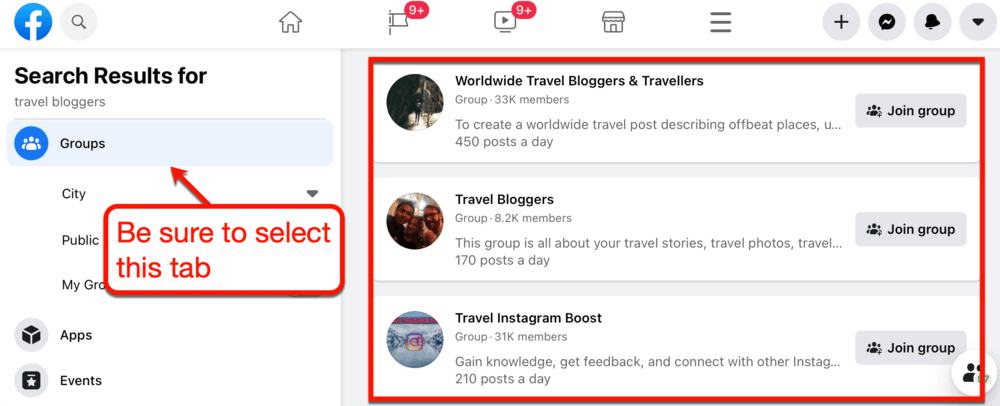 Looking for Groups on Facebook
