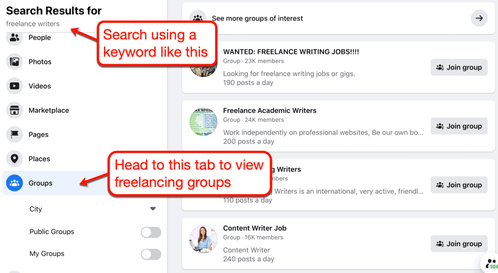 Searching for freelancer groups on Facebook