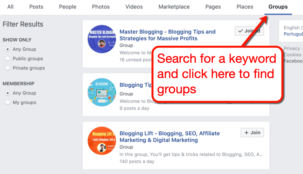 Facebook Groups search