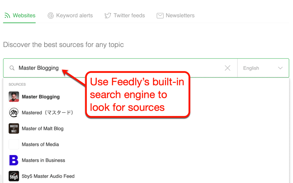 Feedly's built-in search engine