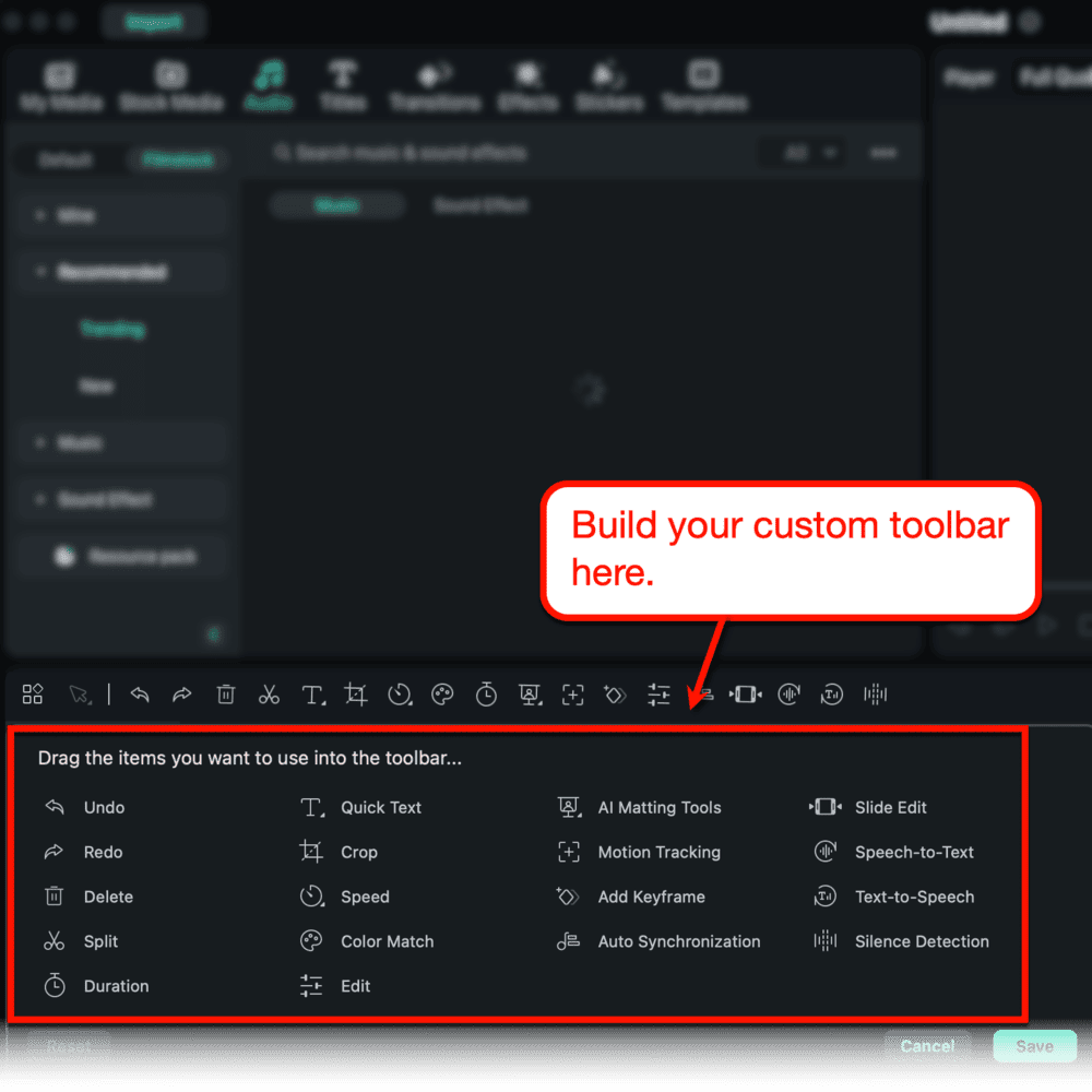 Filmora custom toolbar