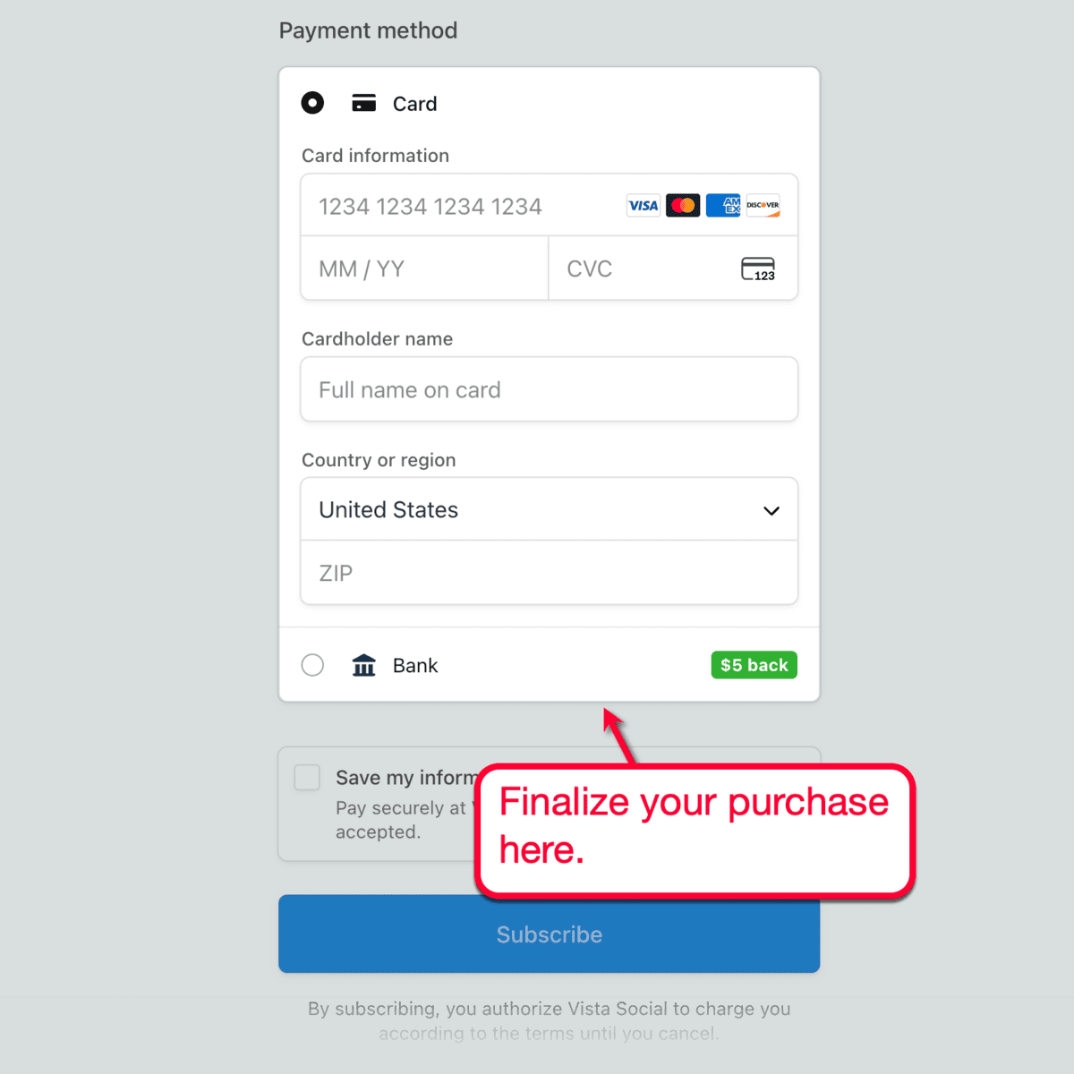 Vista Social Payment Page