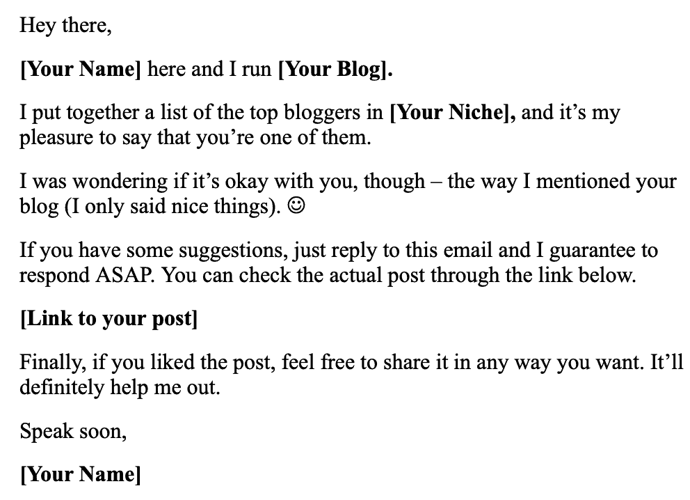 Email Template for Top Bloggers Listicle