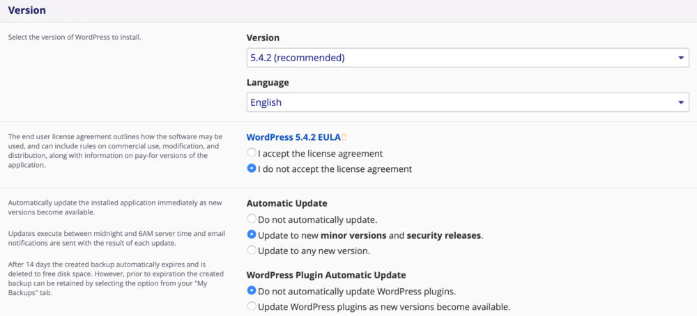 WordPress installation settings