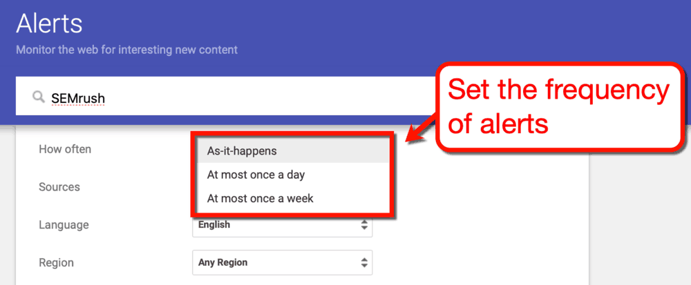 Google Alerts Frequency Settings