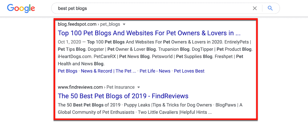 Google results for best pet blogs