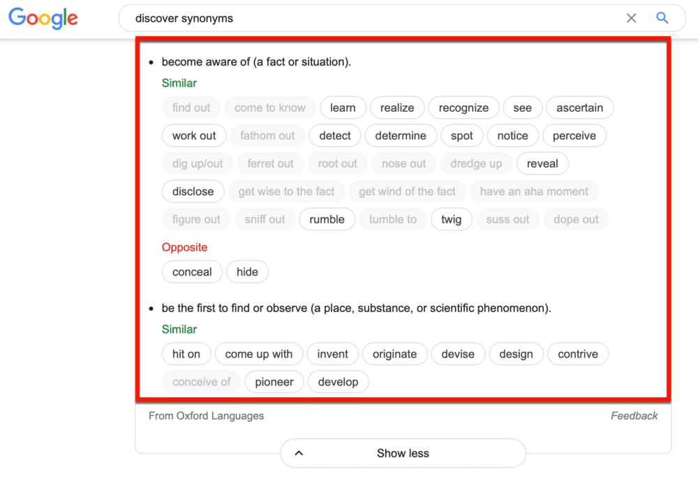 Google synonyms for discover