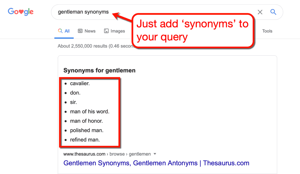 Google SERP for Gentleman Synonyms