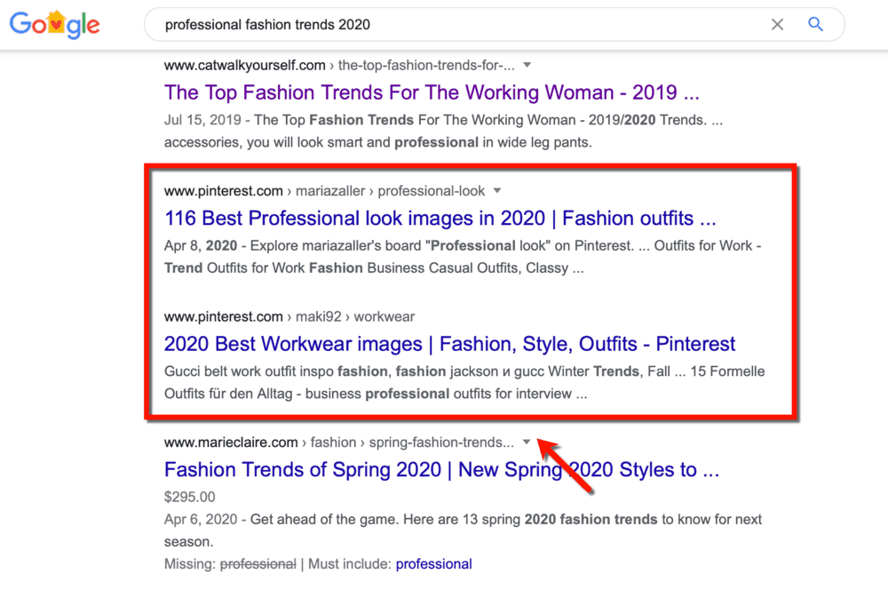 Pinterest appearing in SERPs