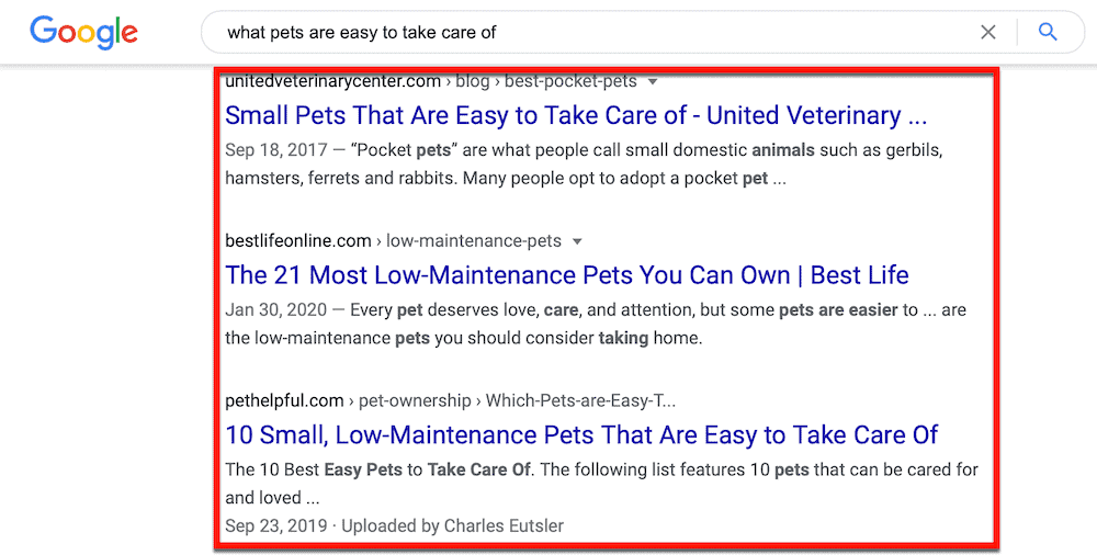 Google results for what pets are easy to take care of