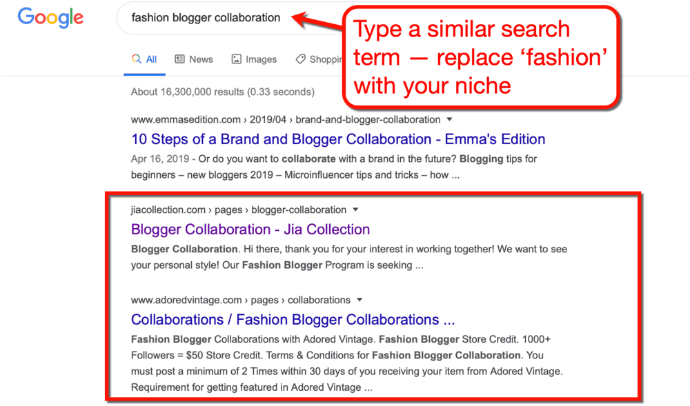 Google SERP for Fashion Blogger Collaboration