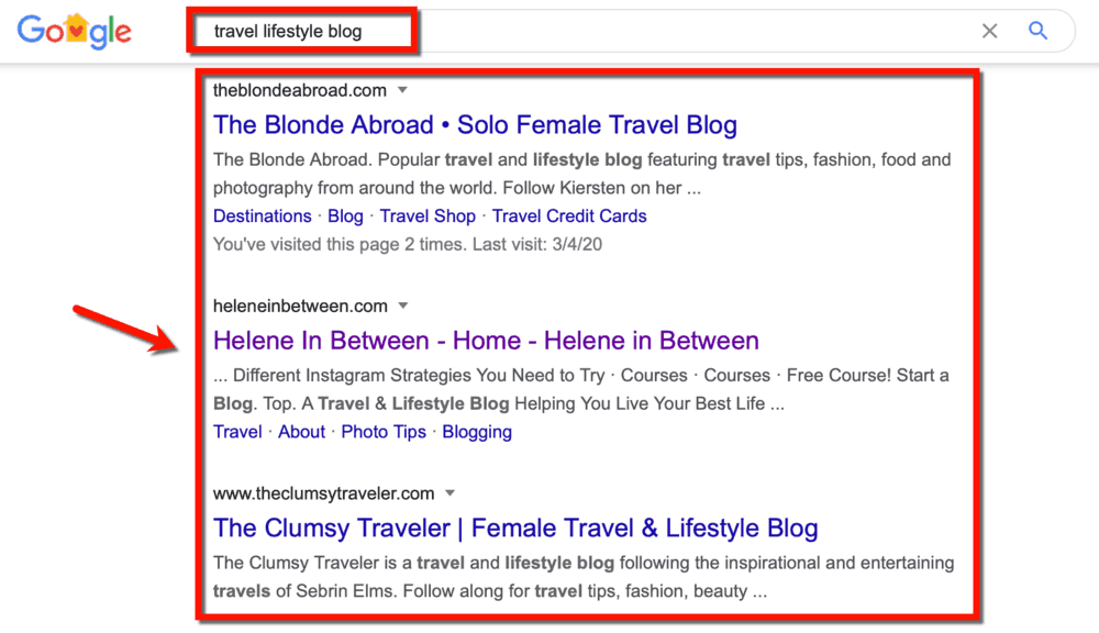 Travel Lifestyle Blog Competitors in SERP