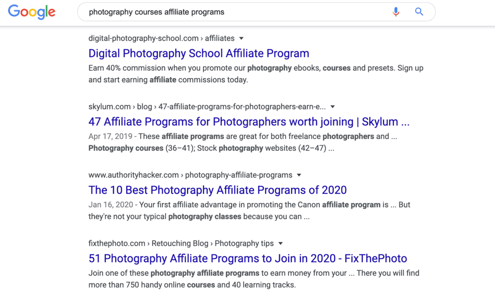 Google Search Results for Photography Courses Affiliate Programs