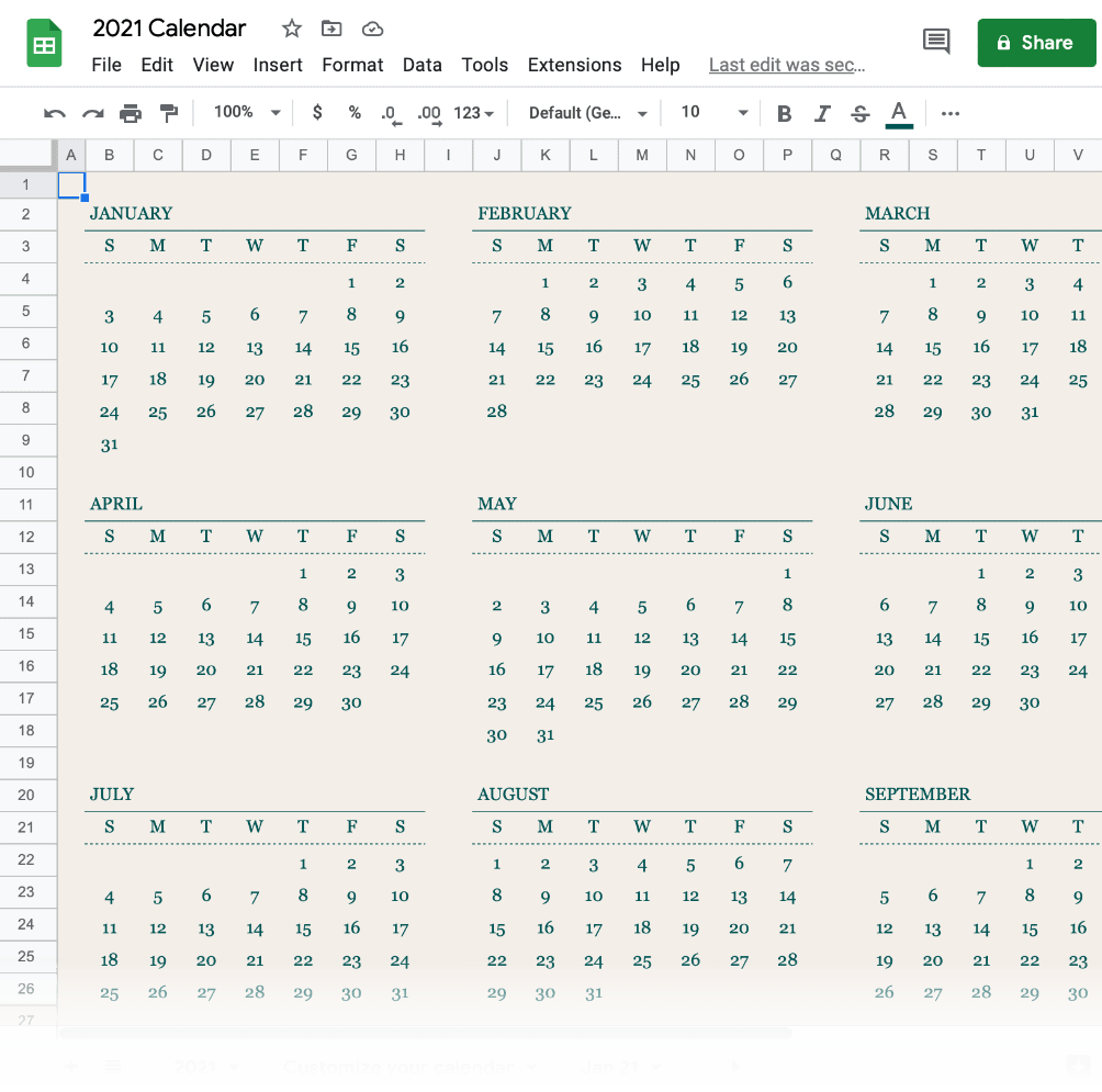 Google Sheets Calendar Template